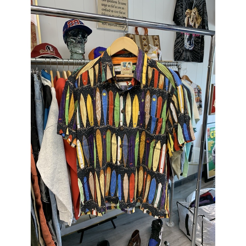 Vintage 90s John Severson Multi Color Surfboards All Over Print Polo Shirt M